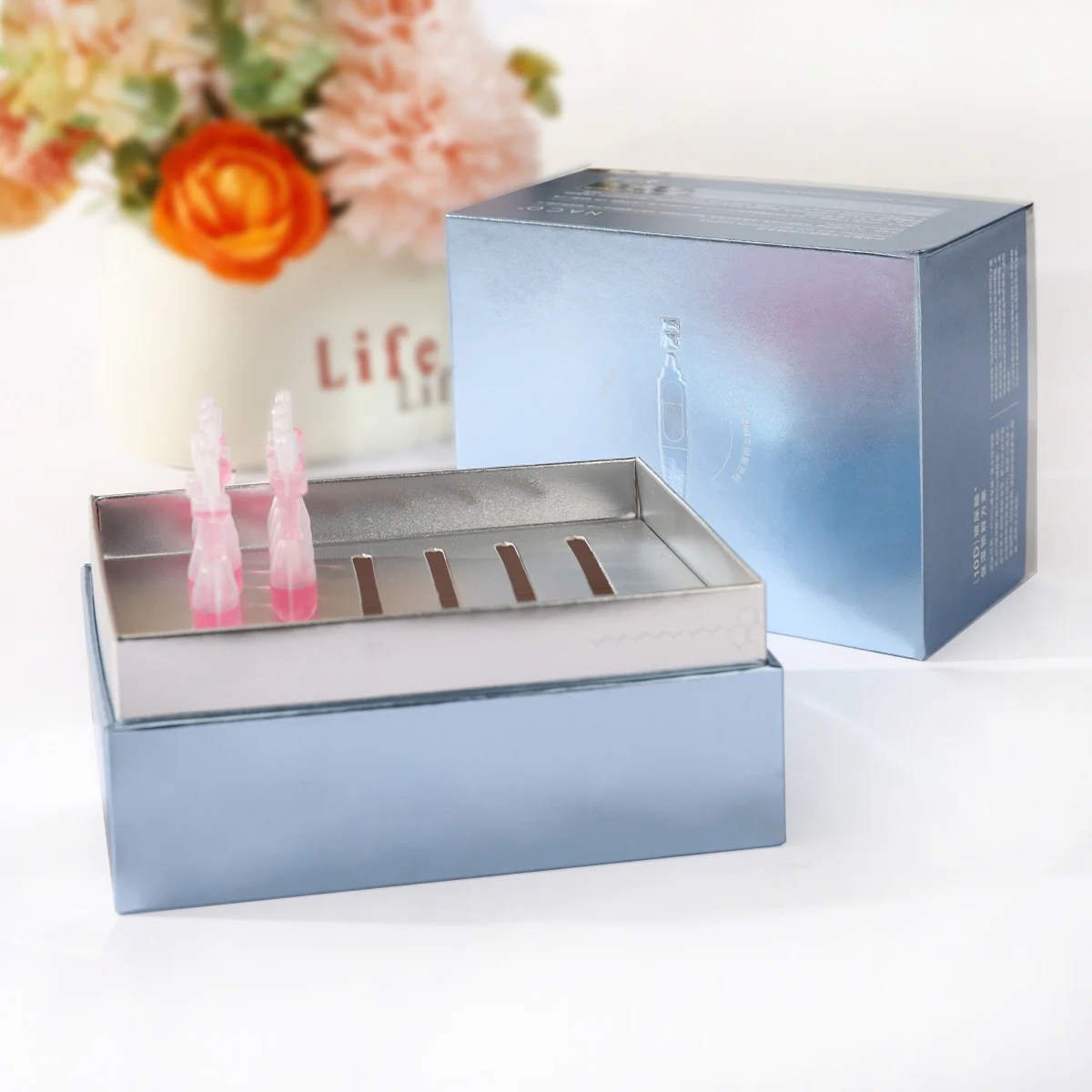 Customized Blue Pearl Cardboard Skincare Packaging Box With Silver Neck