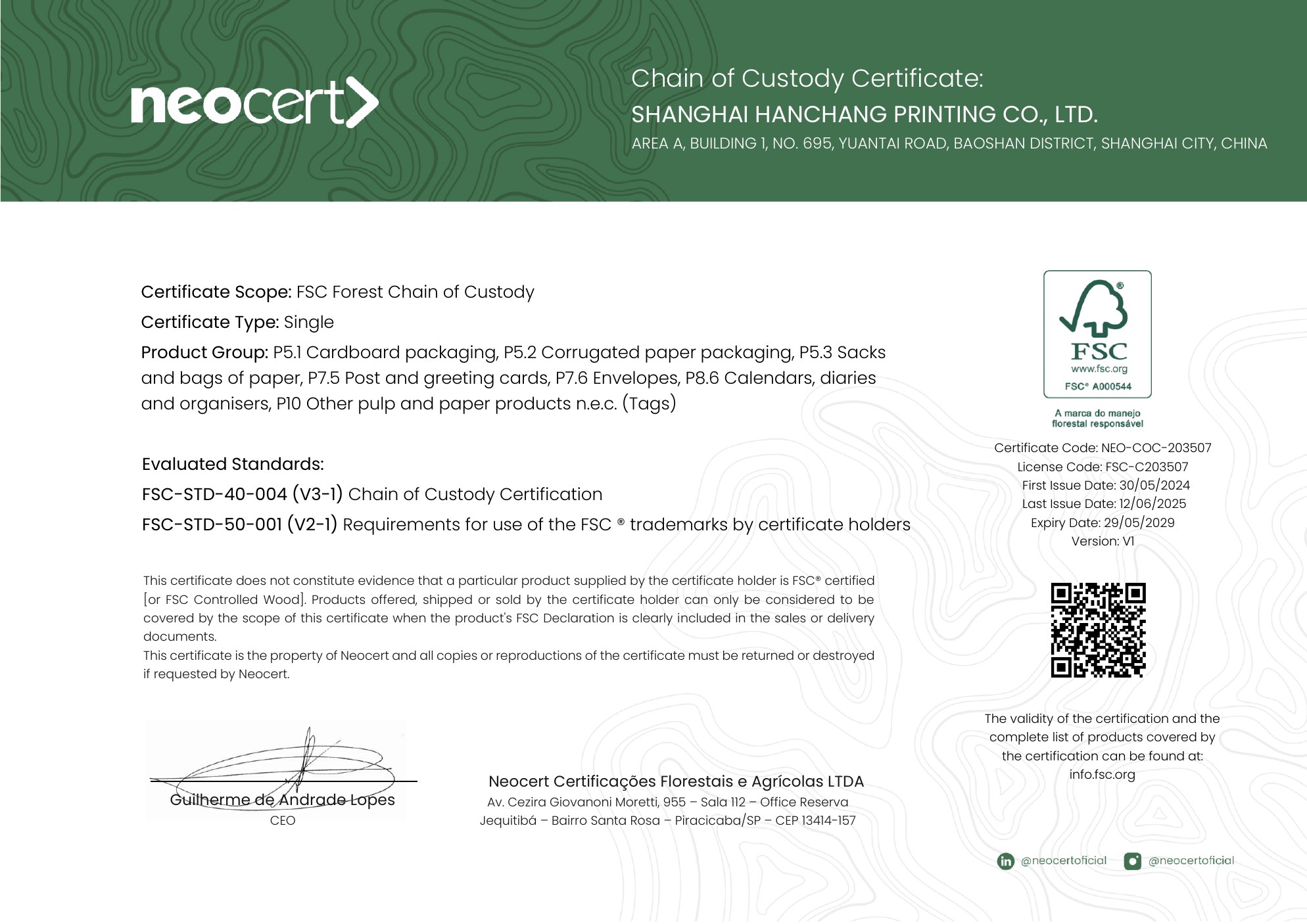 FSC Chain of Custody certificate image preview for Shanghai Hanchang Printing Co., Ltd., valid through 2029-05-29