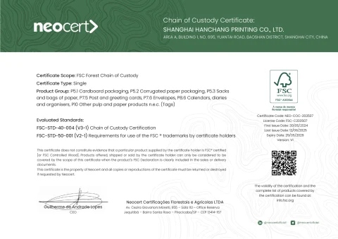 FSC Chain of Custody certificate image preview for Shanghai Hanchang Printing Co., Ltd., valid through 2029-05-29