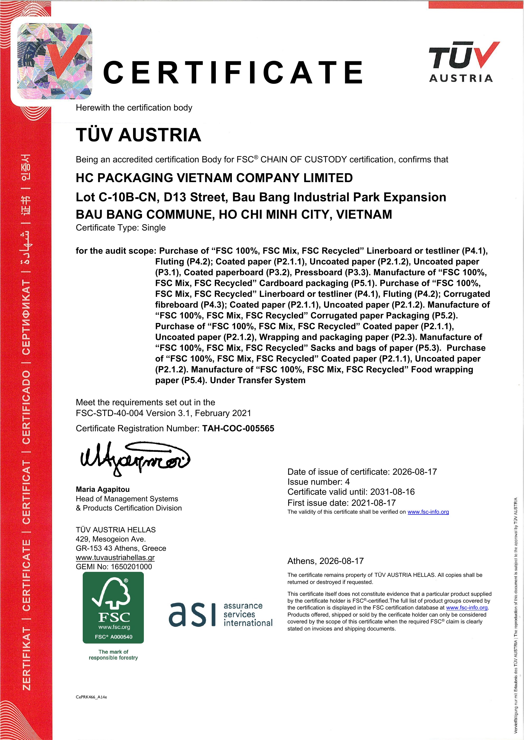 FSC Chain of Custody certificate image preview for HC Packaging Vietnam Company Limited, valid through 2031-08-16