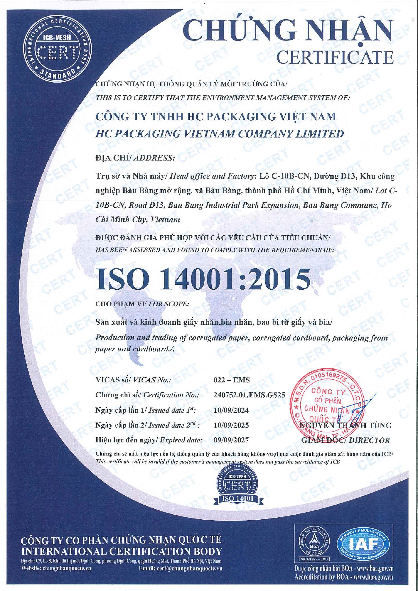 ISO 14001:2015 certificate image preview for HC Packaging Vietnam Company Limited, valid through 2027-09-09