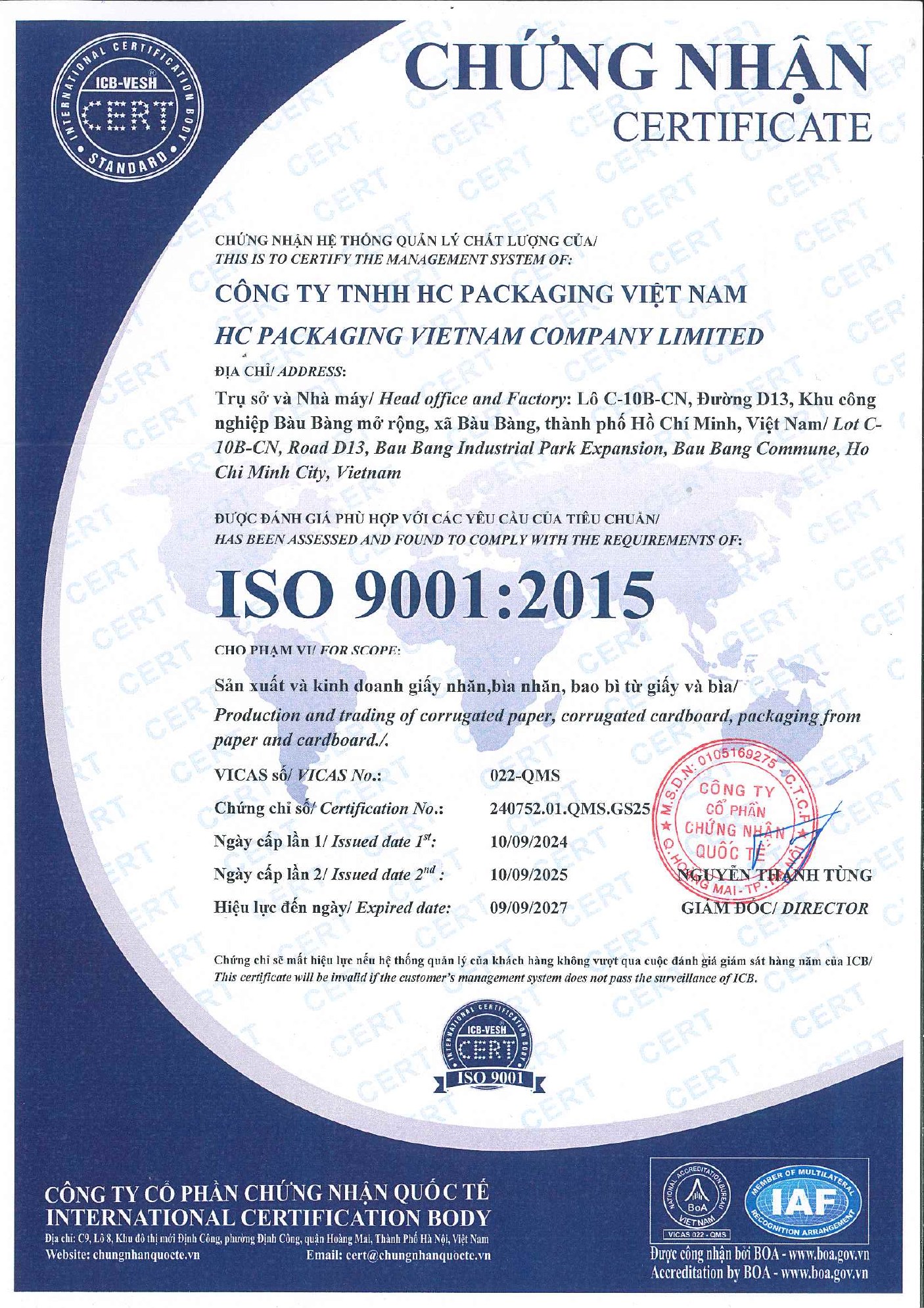 ISO 9001:2015 certificate image preview for HC Packaging Vietnam Company Limited, valid through 2027-09-09